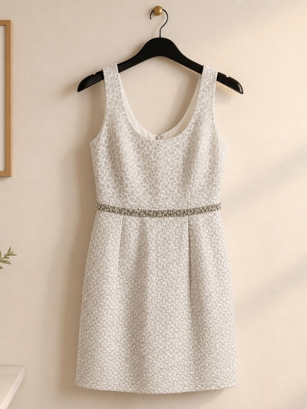 Kay Unger Ivory Textured Sleeveless Mini Dress with Jeweled Waist